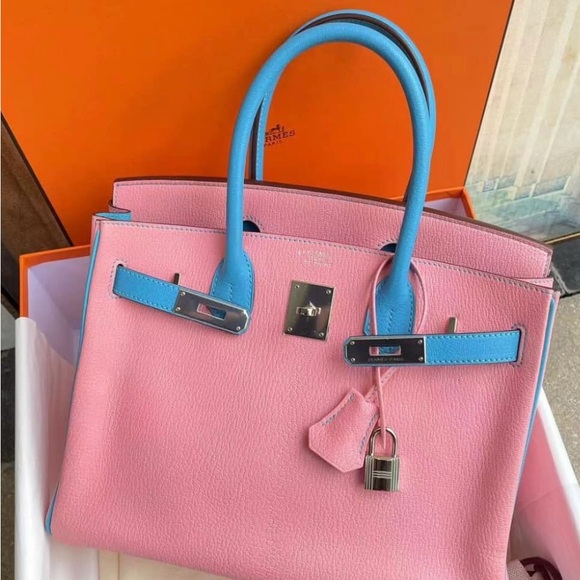 Birkin 30 Rose Confetti Bleu Azteque Chevre Bi-Color Horseshoe Bag - Picture 2 of 12